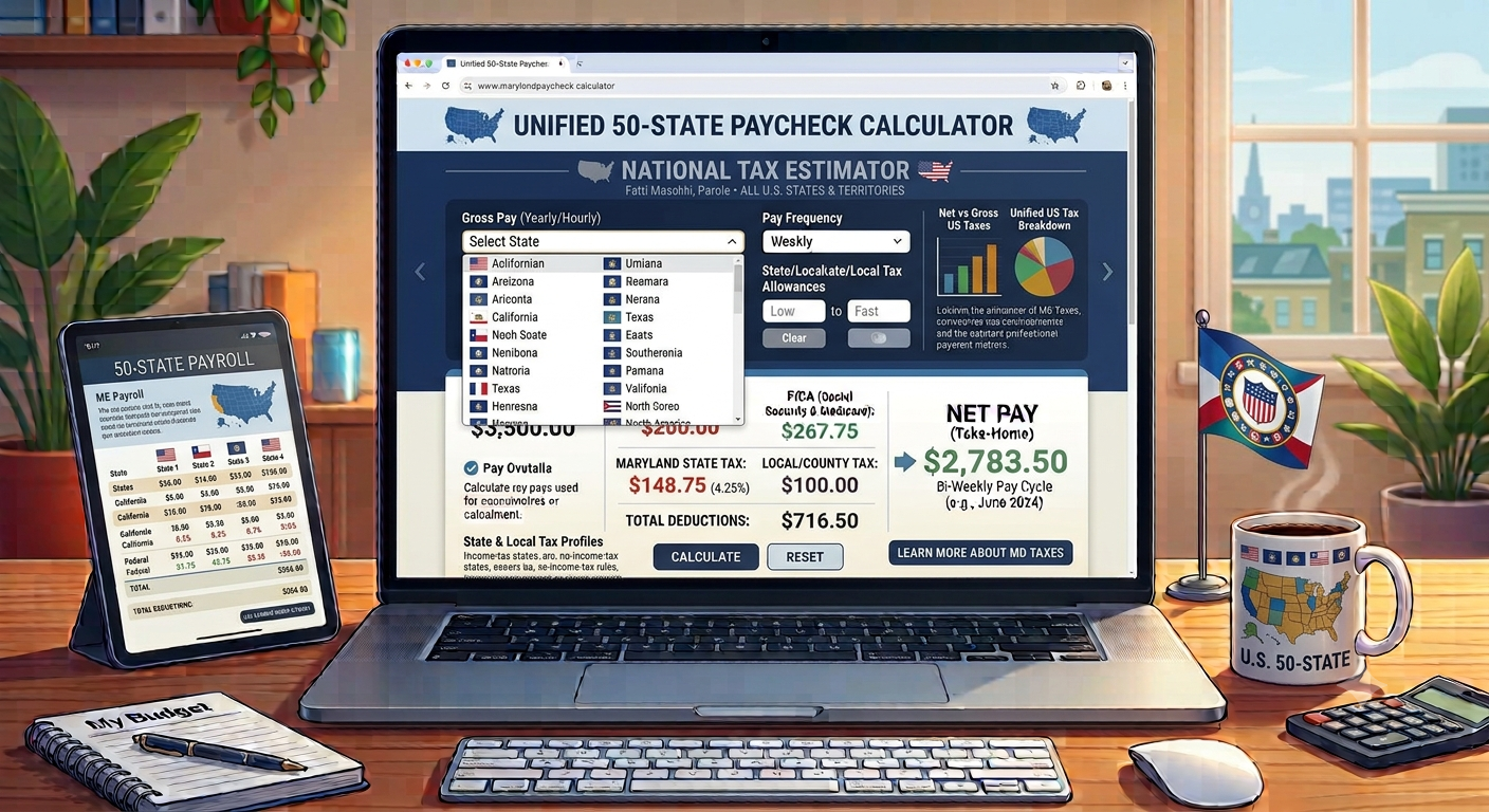 2026 50-US state salary calculator for federal, state, Social Security, and Medicare taxes